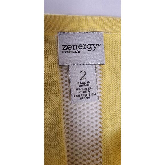 Zernergy By Chico's Striped Knit/Mesh Sweater Yellow/White Roll-Tab Sweater 2-L - Picture 6 of 7